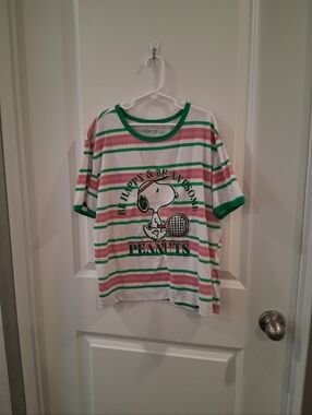 Peanuts Striped Scoop Neck Tee - White, Green, Pink Size Medium